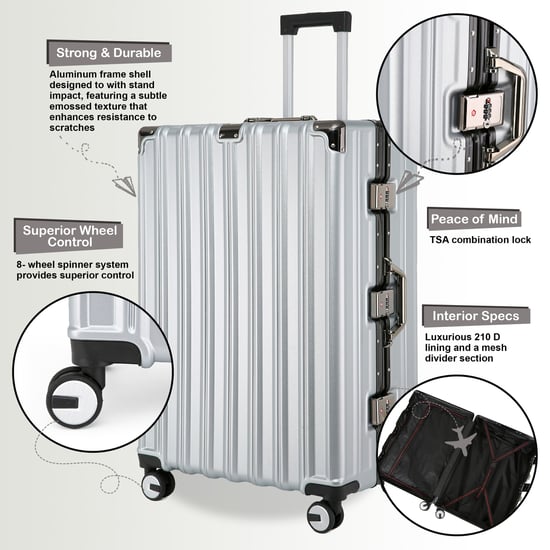 Hardshell Silver Suitcase Set Robust 8 Wheel Luggage Cabin Case Bag