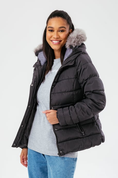 Hype Womens Charcoal Scribble Label Fitted Puffer Jacket