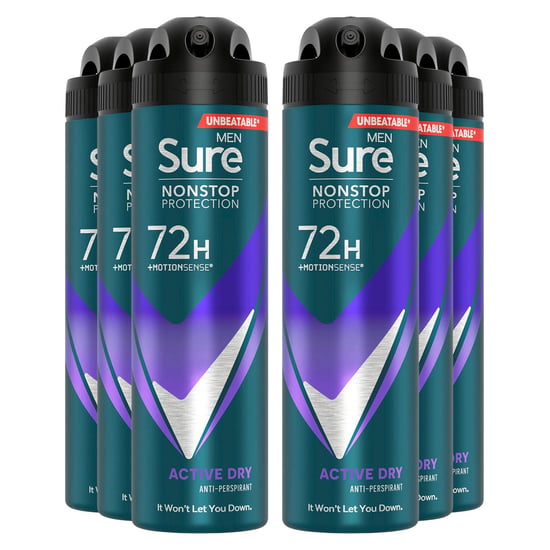 Sure Men Nonstop Protection 72H Anti-Perspirant Deodorant Active Dry 150ml, 6pk
