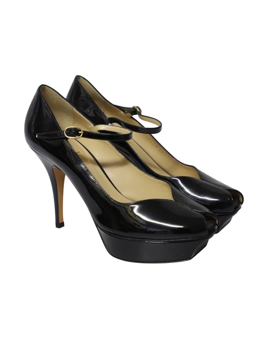 Yves Saint Laurent Peeptoe-Plattform-Mary Jane-Pumps aus schwarzem Lackleder - Image 3