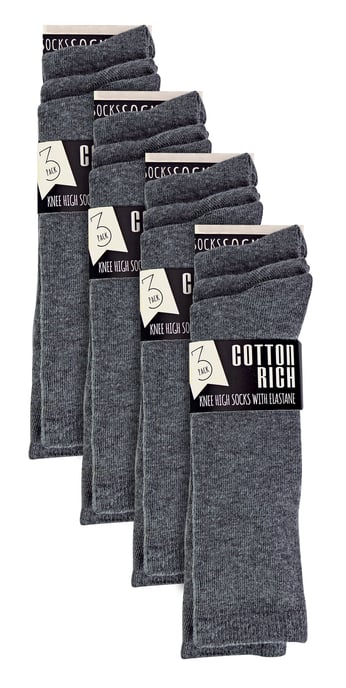 12 Paar Multipack Mädchen Kniestrümpfe | Atmungsaktive lange Baumwolle Schule Socken | Farbe Option - grau, schwarz, weiß, blau - grau - Image 2