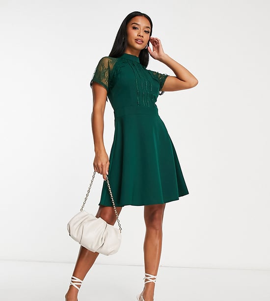 Liquorish Petite a line lace detail mini dress in emerald-Green