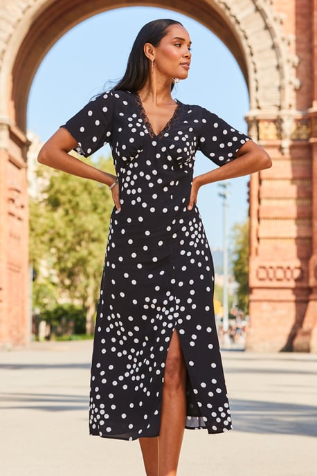 Black & White Spot Print Lace Trim Midi Dress