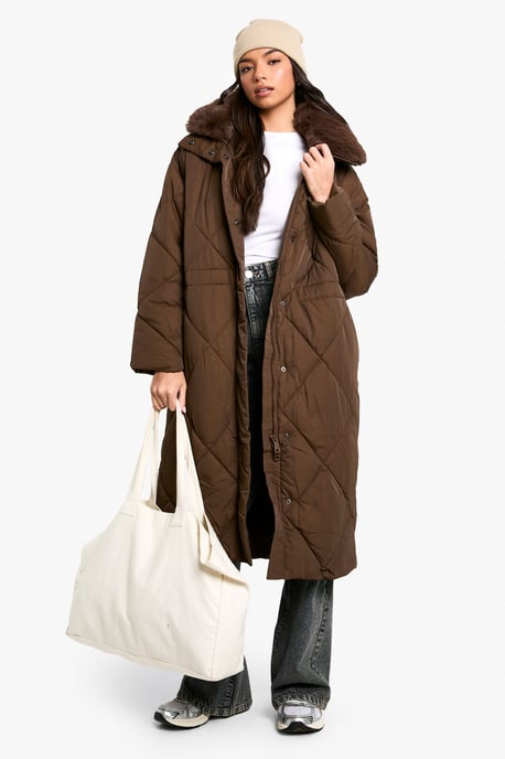 Premium Faux Fur Trim Quilted Maxi Parka - Image 1