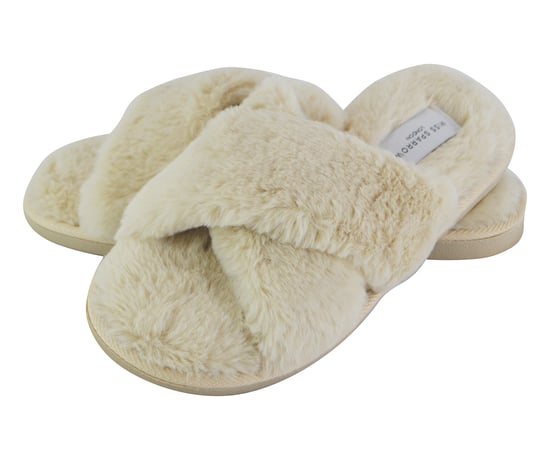 Miss Sparrow - Womens Open Toe Schlafzimmer Hausschuhe mit Rücken | Soft Fluffy Plüsch Cozy Non-Slip Crossover Sliders - Creme - Image 1