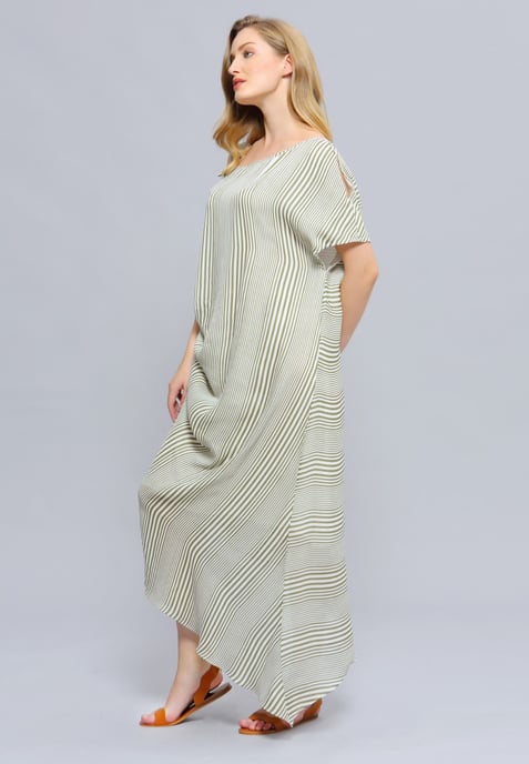 Asymmetric Draped Stripe Print Midi Dress