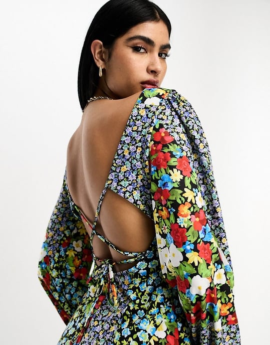 ASOS DESIGN long sleeve v neck midi dress in mixed print-Multi