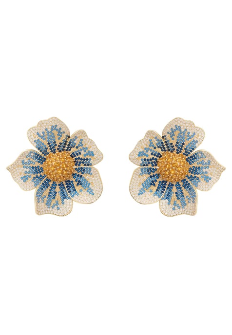 Boucles d'Oreilles Pensée Florale Plaqué Or Jaune Grandes Pierres Précieuses CZ Bleues et Blanches - Image 1