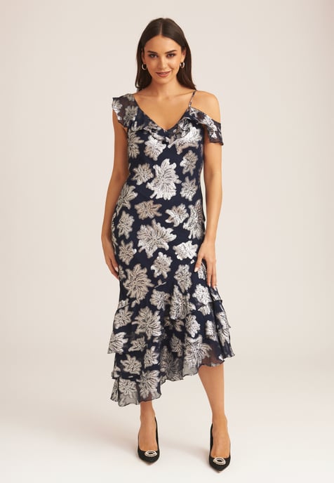 Floral Clipped Tiered Ruffle Midi Dress