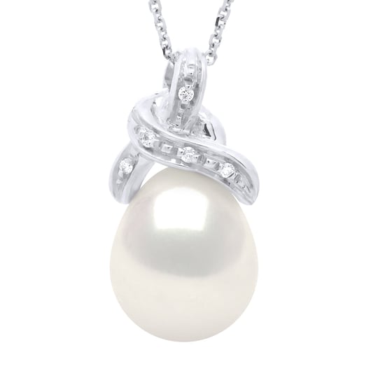 Necklace Beaded Pendant KNOT White Gold and Diamonds 0.04 Cts Real Freshwater Pearl Pear 9-10 mm