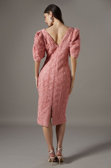 Floral Pleated Sleeve Pencil Dress