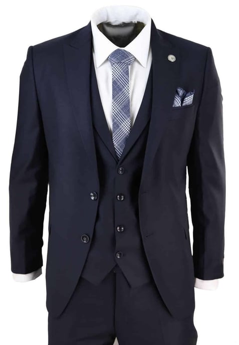 Mens 3 Piece Suit Plain Navy Classic Tailored Fit Smart Casual 1920s Formal