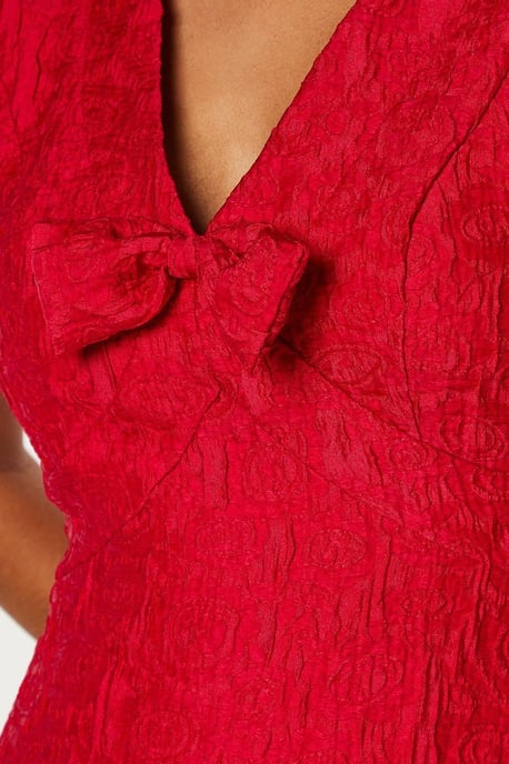 Coast Womens Fit & Flare Dress Red Polyester V-Neck Short Sleeve Midi Jacquard