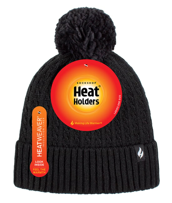 Damen-Thermokabel-Beanie-Mütze | Wärmehalter | Gestrickte Wintermütze mit Bommel | Weiche gerippte Bommelmütze in Schwarz - Image 2