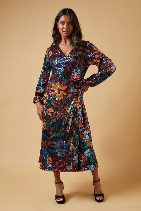 Occasion Floral Sequin Wrap Midi Dress
