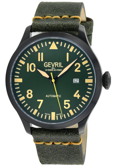 Gevril Men's Vaughn Swiss Automatic Selitta SW200 Black/Beige Dial, Genuine Leather Watch