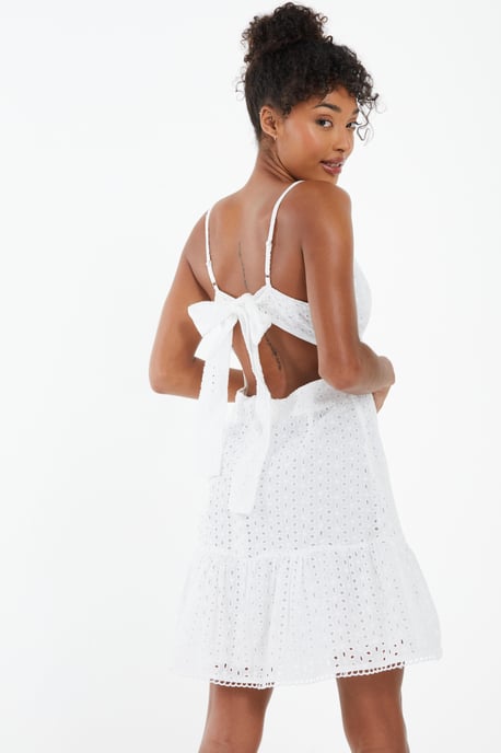 Cream Embroidered Tie Back Mini Dress