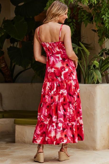 Pink Floral Print Corset Detail Maxi Dress