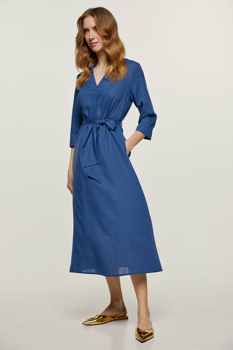 Blaues Midikleid im Leinenstil mit Gürtel - Image 5