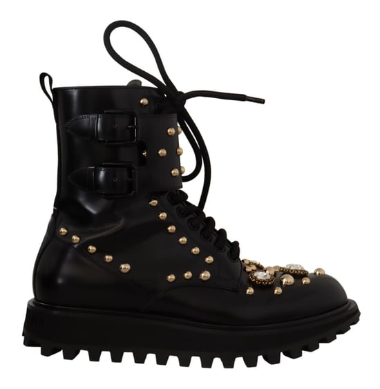 Dolce & Gabbana Men's Black Leather Crystal Embellished Boots Shoes