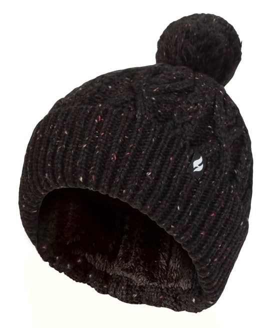 Damen Pom Pom Bommelmütze | Wärmehalter | Modische Chunky Warm Cable Knit Beanie mit Heatweaver Fleece Futter | Salzburg Style - Black - Image 1