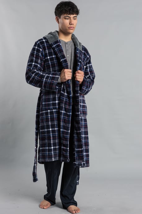 Navy Hooded Check Dressing Gown