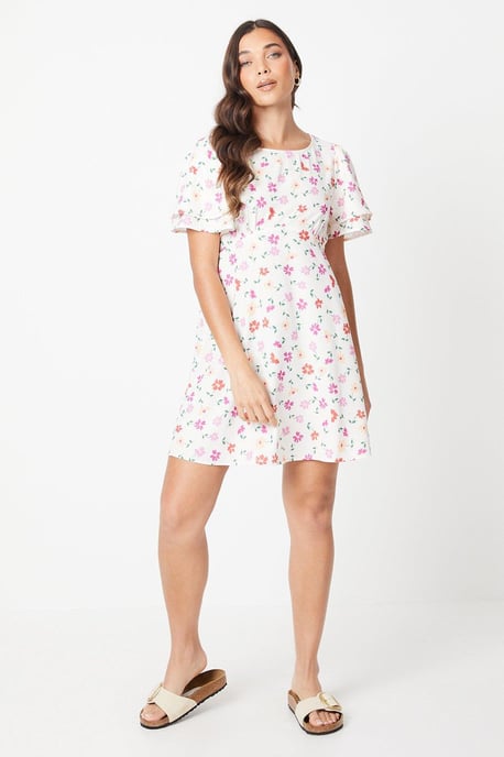 Petite Ivory Floral Angel Sleeve Empire Seam Mini Dress