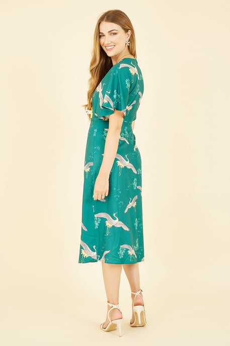 Yumi Green Crane Print Kimono Midi Dress