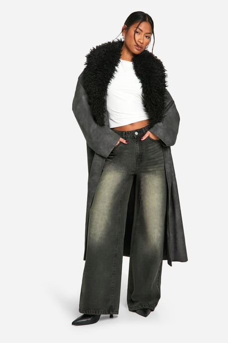 Faux Fur Collar Vintage Look Faux Leather Trench Coat - Image 1