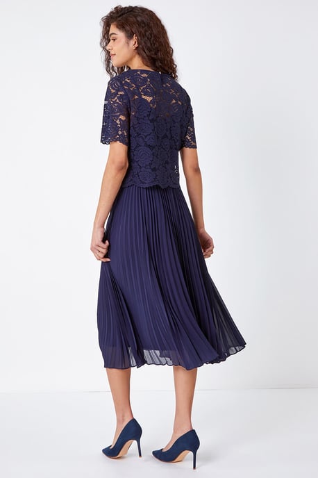 Lace Top Overlay Pleated Midi Dress