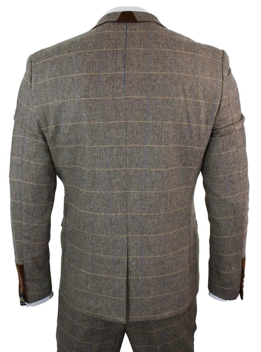 3-teiliger Herrenanzug aus hellbraunem Tweed mit Fischgrätenmuster und Karomuster - Image 6