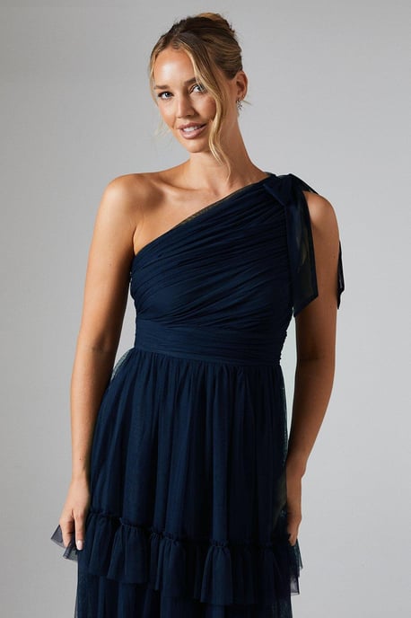 Pleated Mesh One Shoulder Tiered Bridesmaids Dress - Image 4