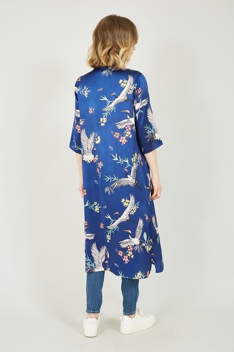 Yumi Navy Satin Crane Print Kimono