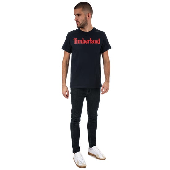 Men's Timberland Season Linear Logo Crew T-Shirt in Navy