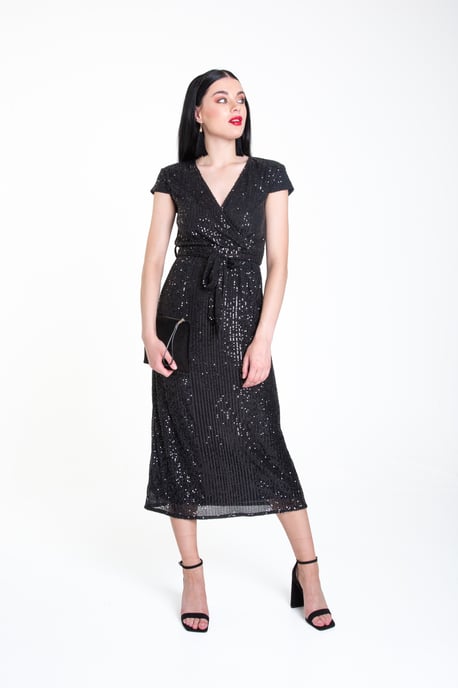 Sequin Belted Midi Wrap Dress
