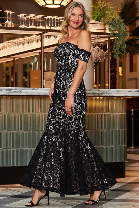 Black Premium Lace Bardot Fit & Flare Maxi Dress