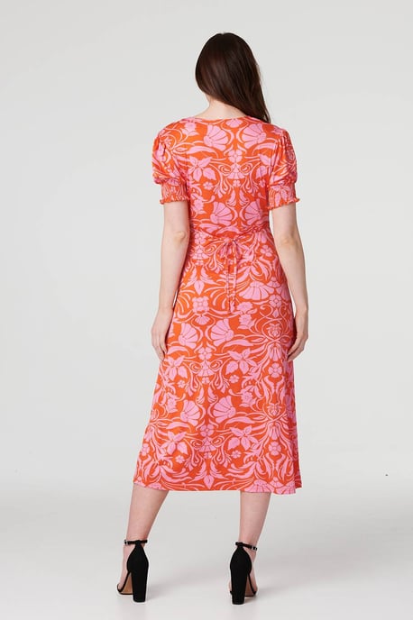 Orange Floral Tie Back Midi Tea Dress