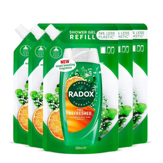 Radox Mineral Therapy Shower Gel Refill Pouch Feel Refreshed 500ml, 5 Pack