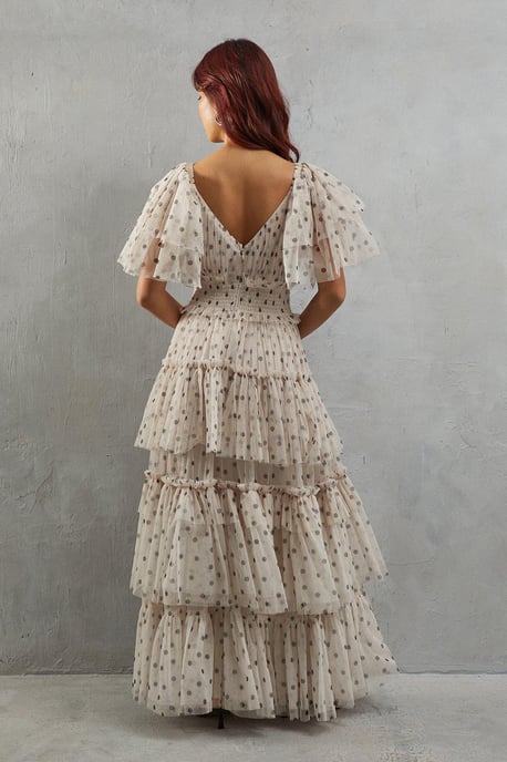 Tulle Spot Plunge Neck Flutter Sleeve Tier Maxi Dress - Image 3