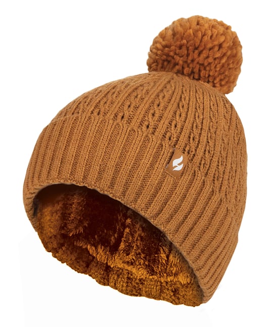 Ladies Thermal Cable Beanie Hat | Heat Holders | Winter Knitted Pom Pom Hat | Soft Ribbed Bobble Hat - Senf - Image 1
