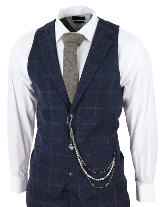 Herren 3-teiliges Wollanzug Navy Blau Tweed Karomuster Peaky Blinders 1920 Gatsby Formal - Image 5