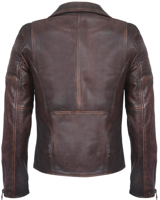 Brando-style slim-fit leather biker jacket with cross zipper