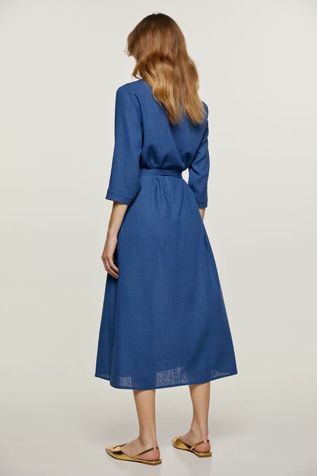 Blaues Midikleid im Leinenstil mit Gürtel - Image 3