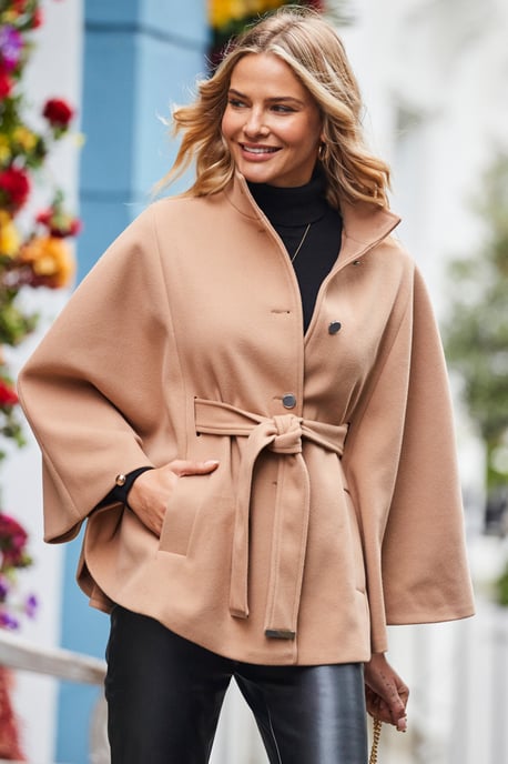 Camel Faux Wool Belted Cape Coat