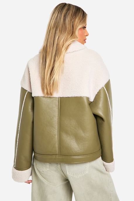 Faux Leather Teddy Trim Aviator Jacket - Image 2