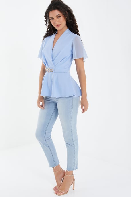 Light Blue Chiffon Sleeve Peplum Top
