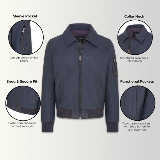 Mens Navy Blue A2 Cowhide Leather Bomber Jacket-Eura