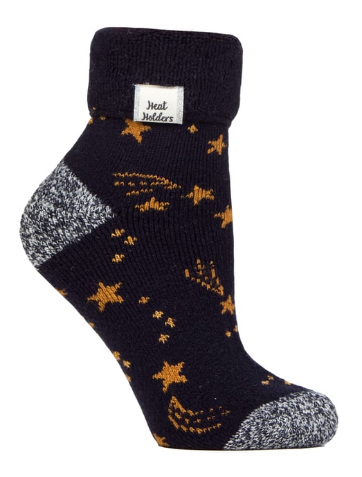 Damen Kuschelsocken mit Umschlagbündchen | Wärmehalter | Warme flauschige Lounge-Socken für den Winter - Navy/Gold Stars - Image 1