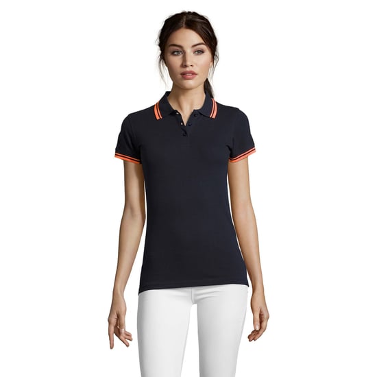 SOLS Damen/Damen Pasadena Tipped Kurzarm-Pique-Poloshirt (French Navy/Neon Orange) - Image 4