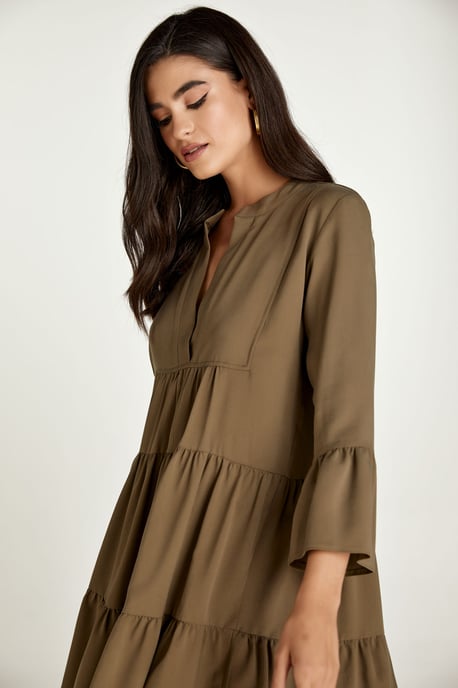 Khaki Tencel Gathered Seams Dress